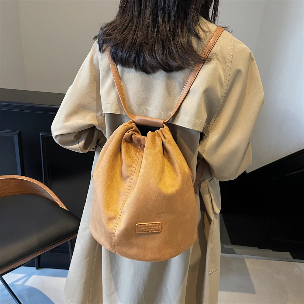 2024 Latest Women Fashion Backpacks Drawstring Bucket Shoulder Bags Soft Suede Large Capacity Rucksack For Travelling Shopping