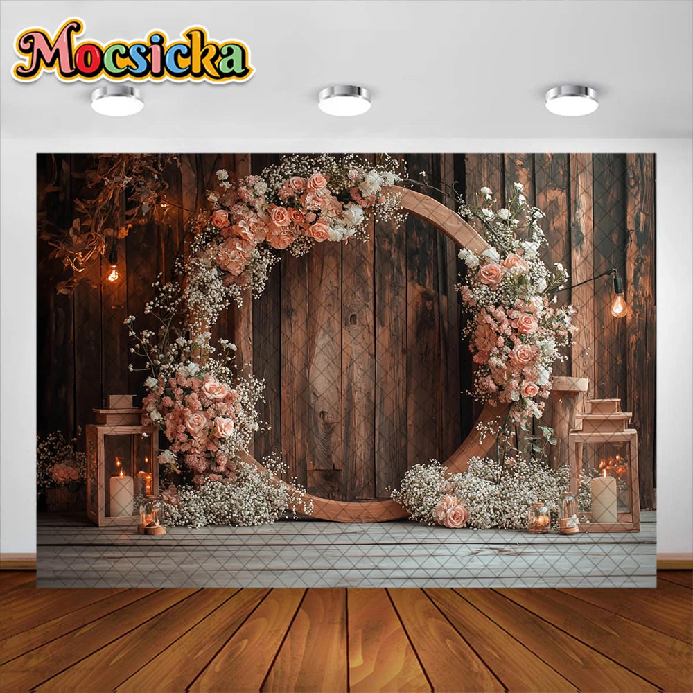 Wedding Theme Photography Background Round Wreath Wooden Wall Decoration Couple Wedding Scene Supplies Backdrop Studio Props