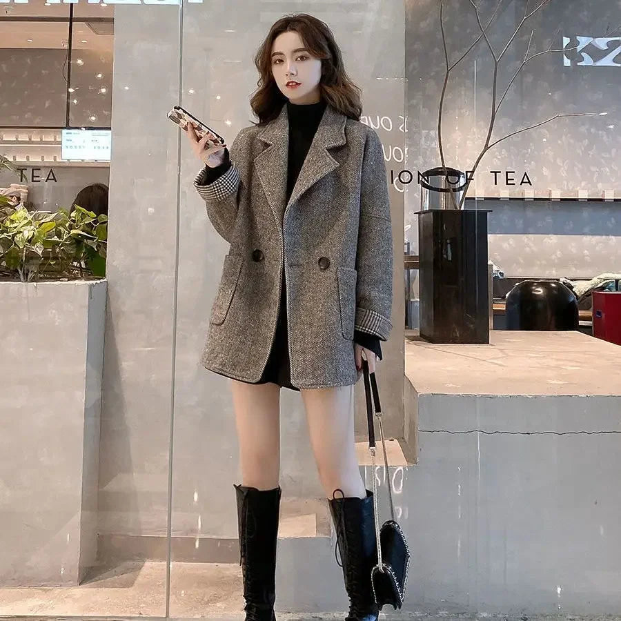 Woolen Suit Jacket for Women Autumn Winter Korean Loose Casual Blazers Thick warm Pocket Turndown Collar Women's Coat