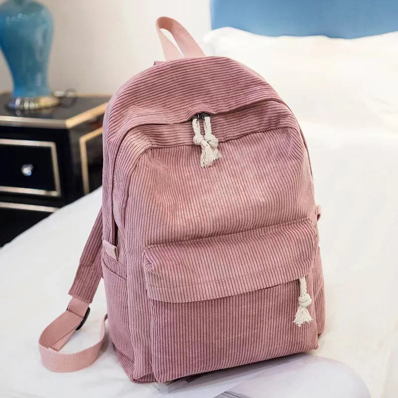 Corduroy Backpack, Academy Fashion School Bags for Middle/High School & College, Cute Tassel Detail, Versatile Casual Daily Bag