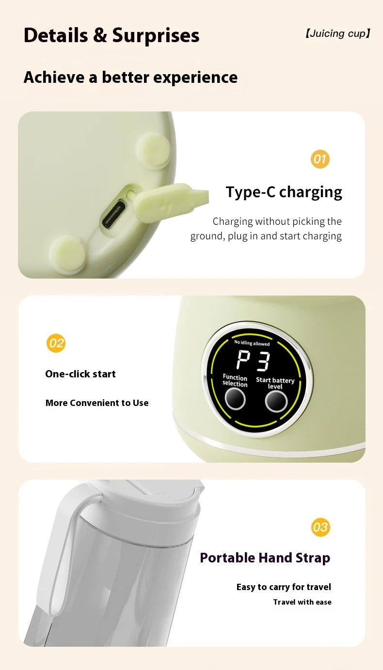Portable USB rechargeable blender, electric juicer, 500ML capacity, 3-level power adjustment, for juicing fruits and vegetables