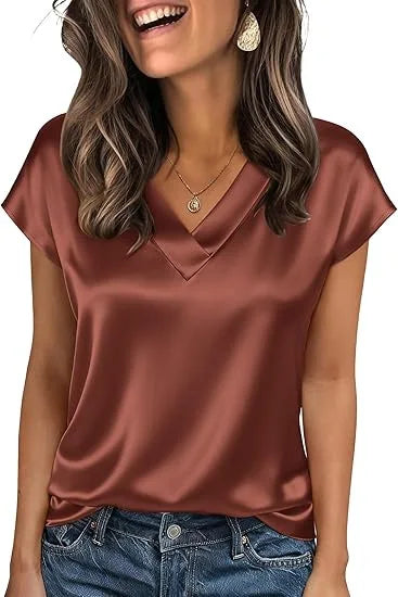 Women's Summer New T-shirt Casual V-Neck Short Sleeve Blouse Business Casual Tops Satins Silk Summer Shirt Work Solid Color Tops