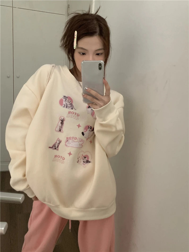 KOSAHIKI Cute Hoodies Women Letter Dog Print Sudaderas Mujer O-neck Sweatshirt Harajuku Streetwear Y2k Pullover Moletom Feminino