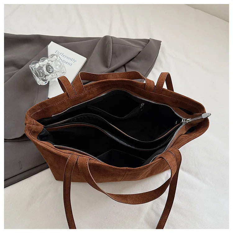 Large Capacity Tote Women Bag Retro Faux Suede Shoulder Bag Quitting Designer Bags for Women Handbag Commuting Shopper Purses