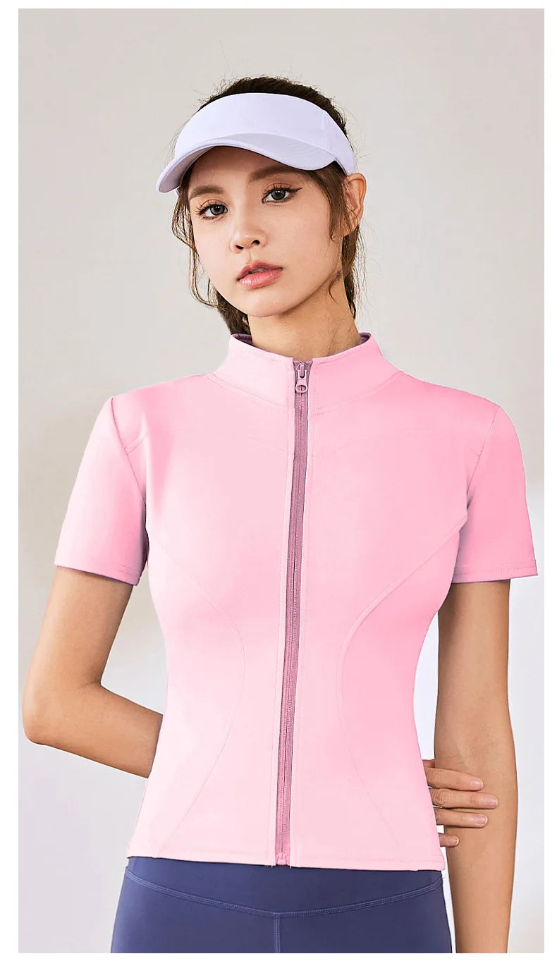 Summer High Quality Waist Slimming Training Tops Women's Quick-drying Tight Stand Collar Full Zipper Short Sleeves Yoga shirts