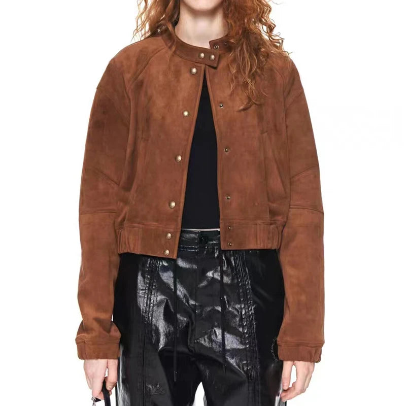 2025 Imported Goat Suede Jacket For Women Retro Standing Collar Versatile Slimming Elastic Waist  Leather Coat Chaquetas Bomber