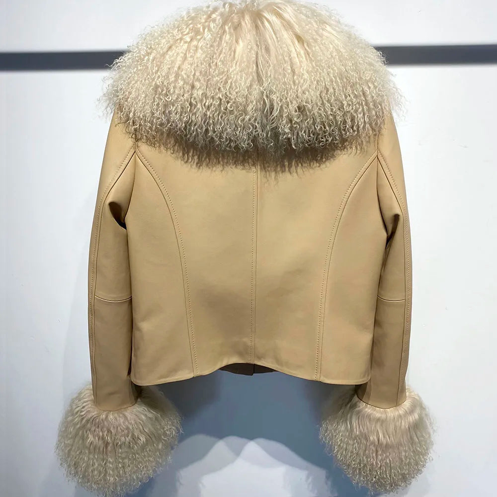 YOLOAgain Women's Mongolia Sheep Fur Collar Real Leather Jacket Single Breasted