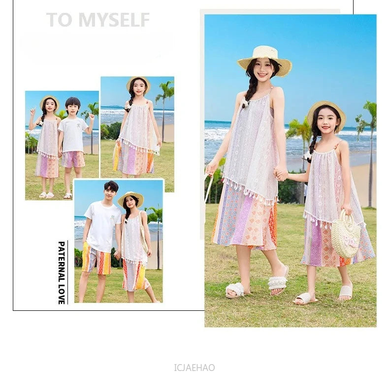 Dress 2025 Woman Vacation Couple Parent-child Beach Family Resorts Look Matching Holiday Outfit Mom Daughter Clothes Dad Son Set