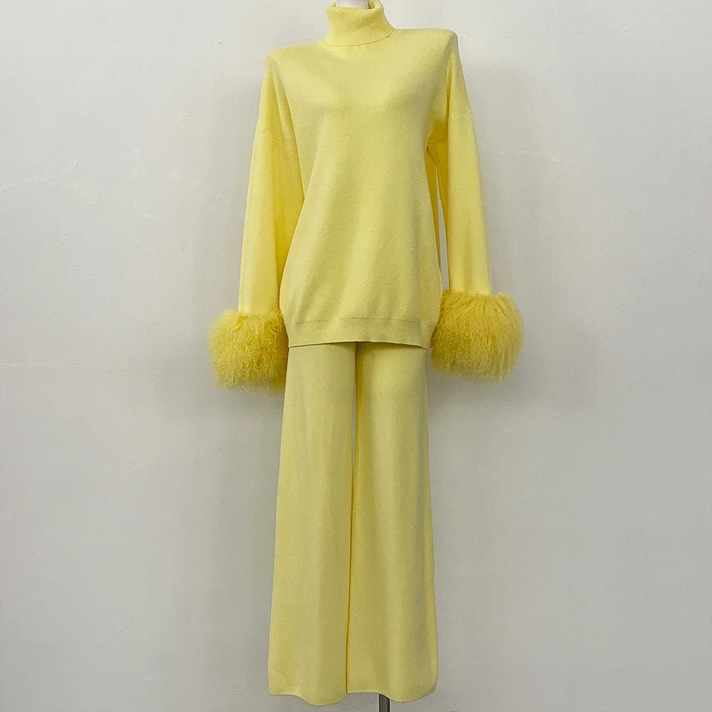 Knitwear Woman Wool & Blend Knitted Pullover and Pants Real Mongolian Sheep Fur Cuffs Sweater Set Real Fur Knitted Suit 2026 New