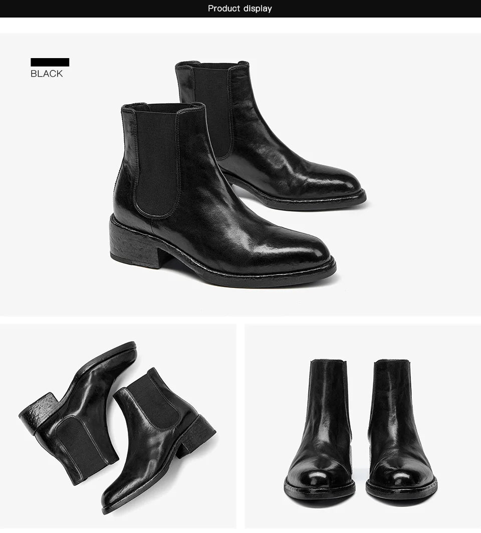 BEAUTODAY Ankle Boots Women Genuine Horse Leather Chelsea Booties Round Toe Elastic Band Vintage Ladies Shoes Handmade 03D64