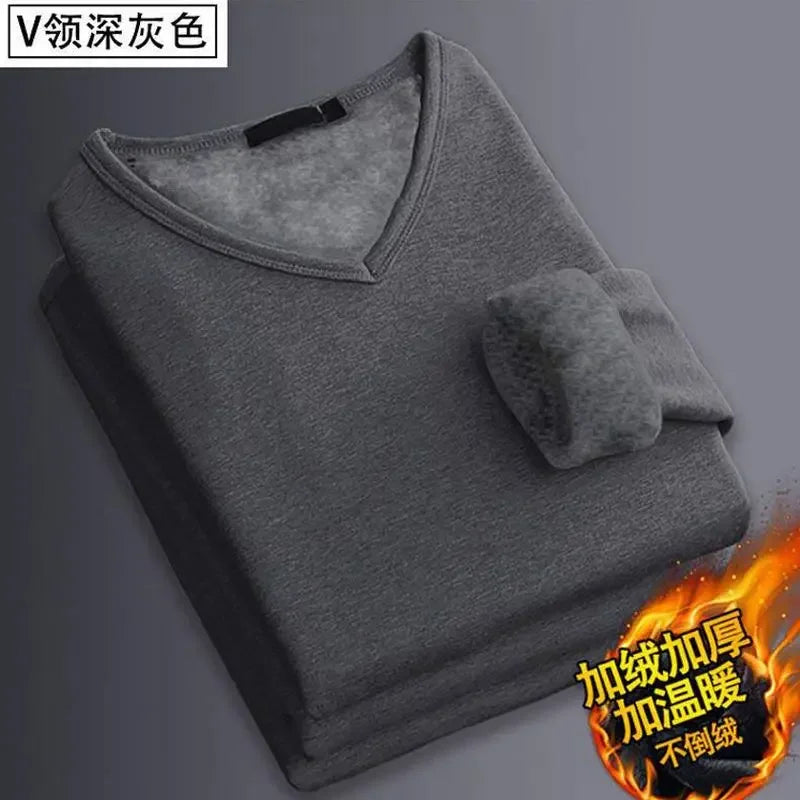 Thermal Underwear Shirt Men V Neck Fleece Sport Tops Autumn Thermo Clothing Comfortable Warm Long-Sleeved 5XL