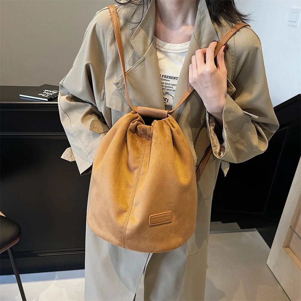 2024 Latest Women Fashion Backpacks Drawstring Bucket Shoulder Bags Soft Suede Large Capacity Rucksack For Travelling Shopping