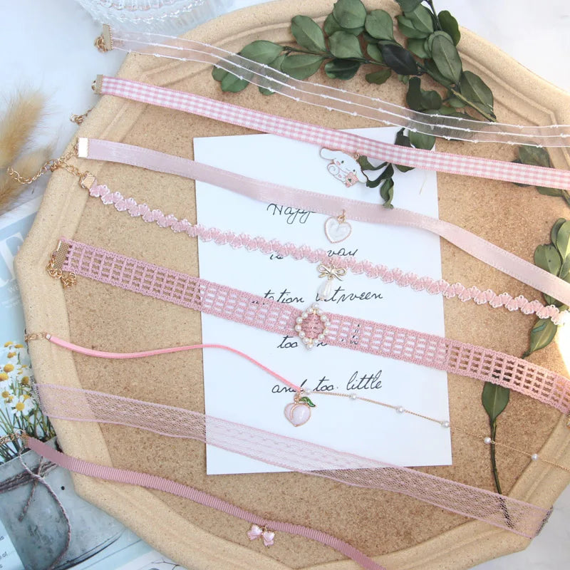 5 Pieces Sweet Pink Lace Choker Necklace Set for Women with Flower Pearl Dangle Clavicle Jewelry Accessories Gift for Girls