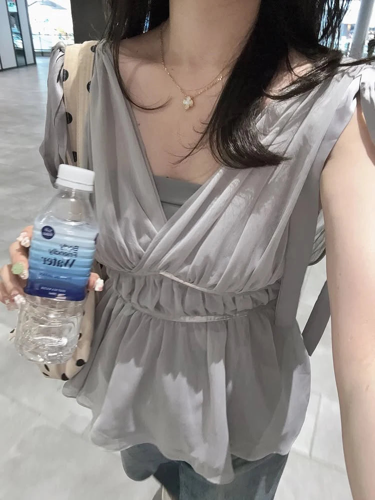 Women's Tops Summer Bow Tie Sweet Elegant Blouse Femme V Neck Shirt Waist-Cinching Japanese Style Sleeveless Chiffon Blouse