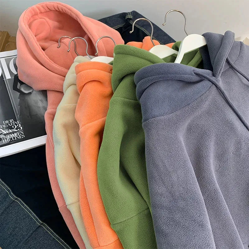Autumn Korean Solid Hoodies Women Fashion Loose Pocket All Match Warm Pullover Tops Y2K Oversized Streetwear Casual Sweatshirts