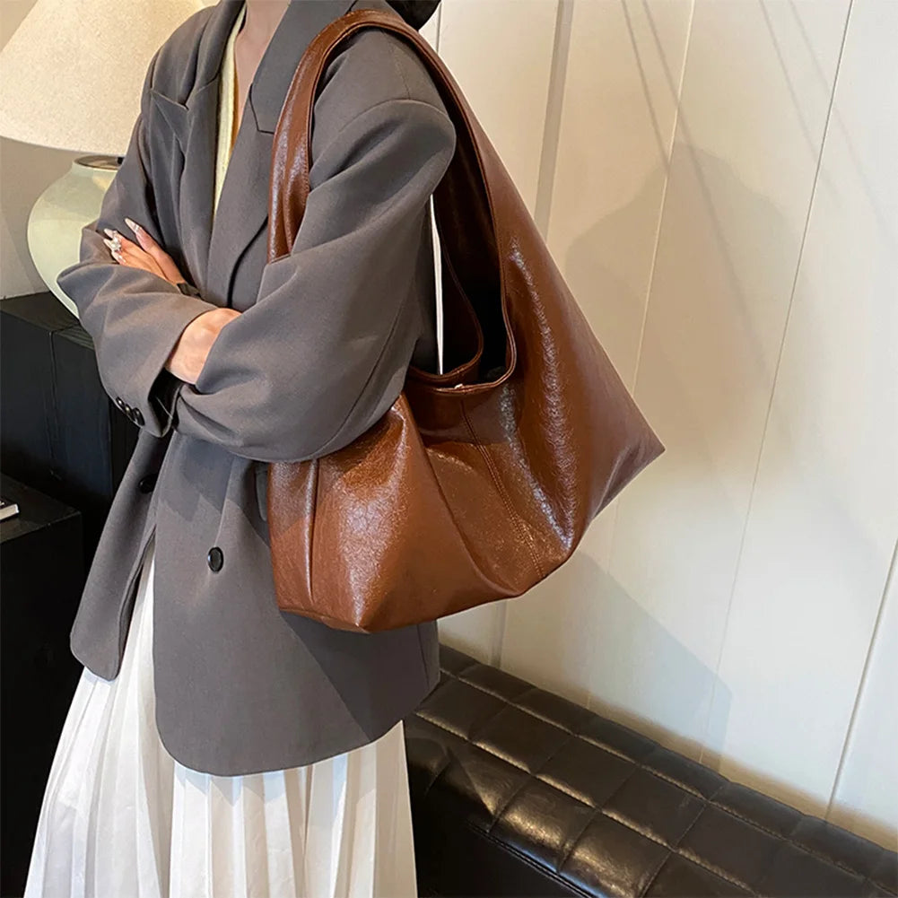 Women PU Casual Tote Handbag Large Capacity Stylish Shoulder Purse Solid Color Simple Commuting Bag Hasp Closure Chic Hobo Bag