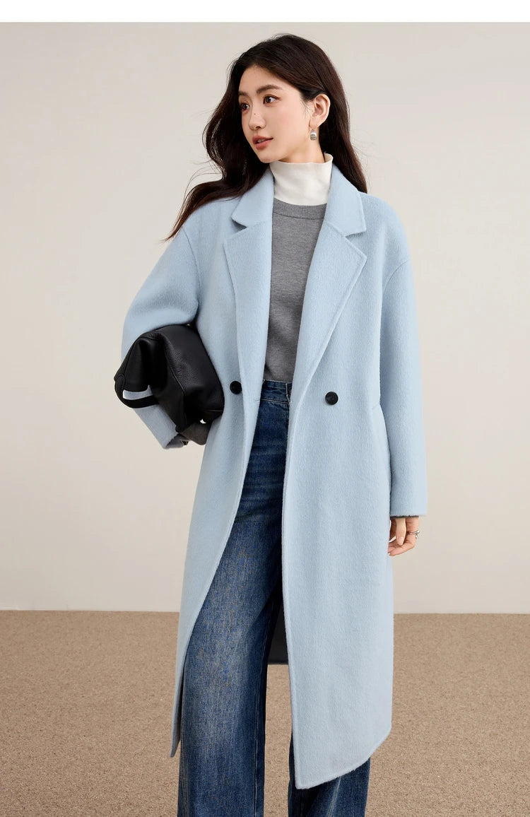 SENTUBILA Women's 100% Wool Double-Faced Coat Winter 2025 Suit Lapel Collar Classic Commuter Style Long Overcoat W54OA8779
