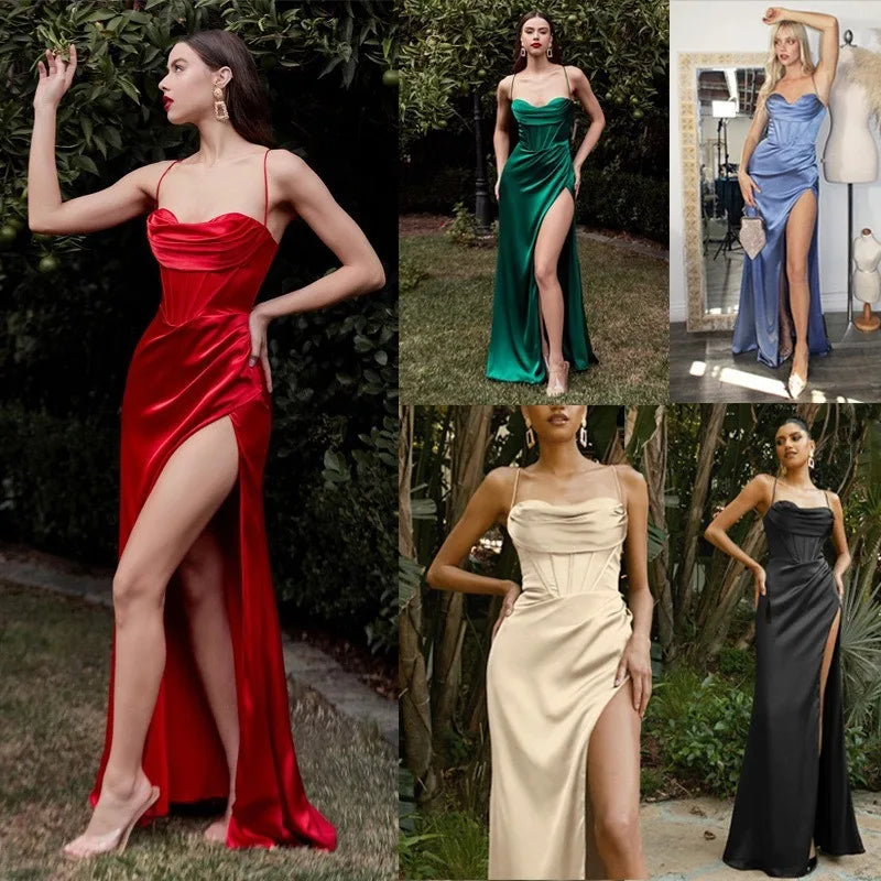 Dress Satin Cowl Front Lace Up Corset Dress Evening Dresses for Day and Night Party Elegant Women Red Maxi Bodycon Sexy