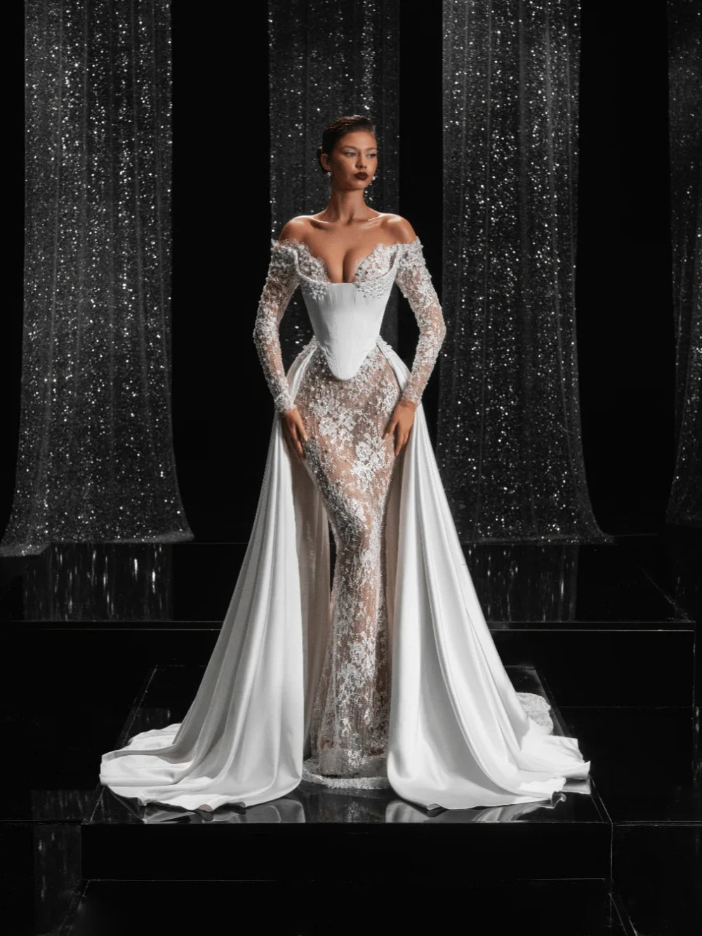 Fashionable 2 in 1 Romantic Wedding Dress Classy Lace Off-the-shoulder Bride Wear Customized Delicate Pearls Corset Bridal Gown