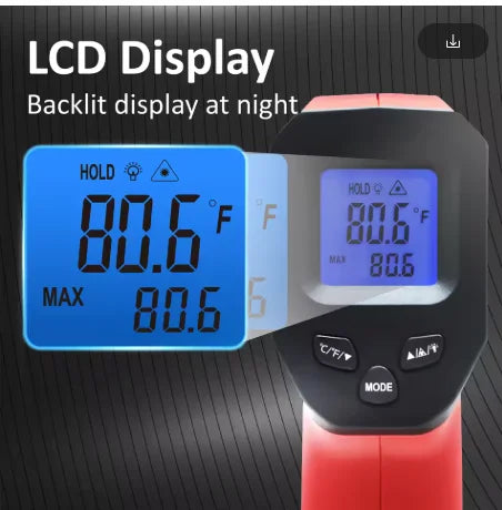Digital infrared thermometer, non-contact industrial laser temperature gun, temperature range from -50 to 380 degrees Celsius.