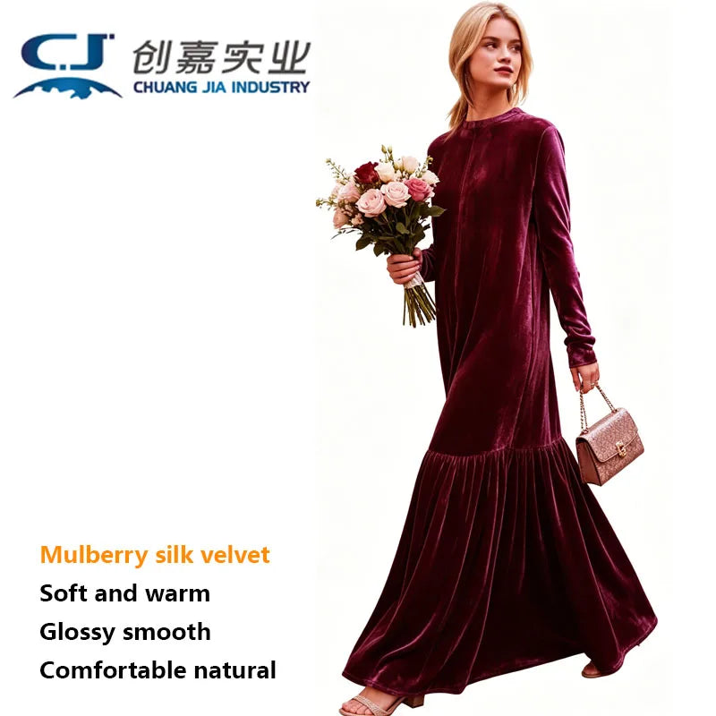 Light Luxury Natural Silk Velvet Women's Dress  Long Sleeve Long Floor-length Dress Temperament Elegant Casual Spring Autumn