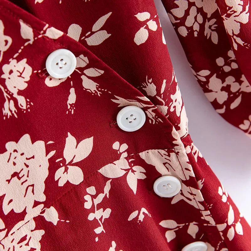Silk Dress Summer New 2025 Women French Temperament V-neck Five-point Sleeve Printed Mulberry Silk Tea Break Dress