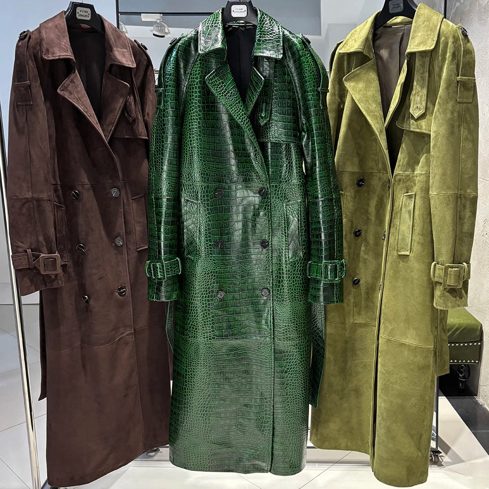 YOLOAgain Double Breasted Suede Jacket Coat Women Real Leather Trench Coat