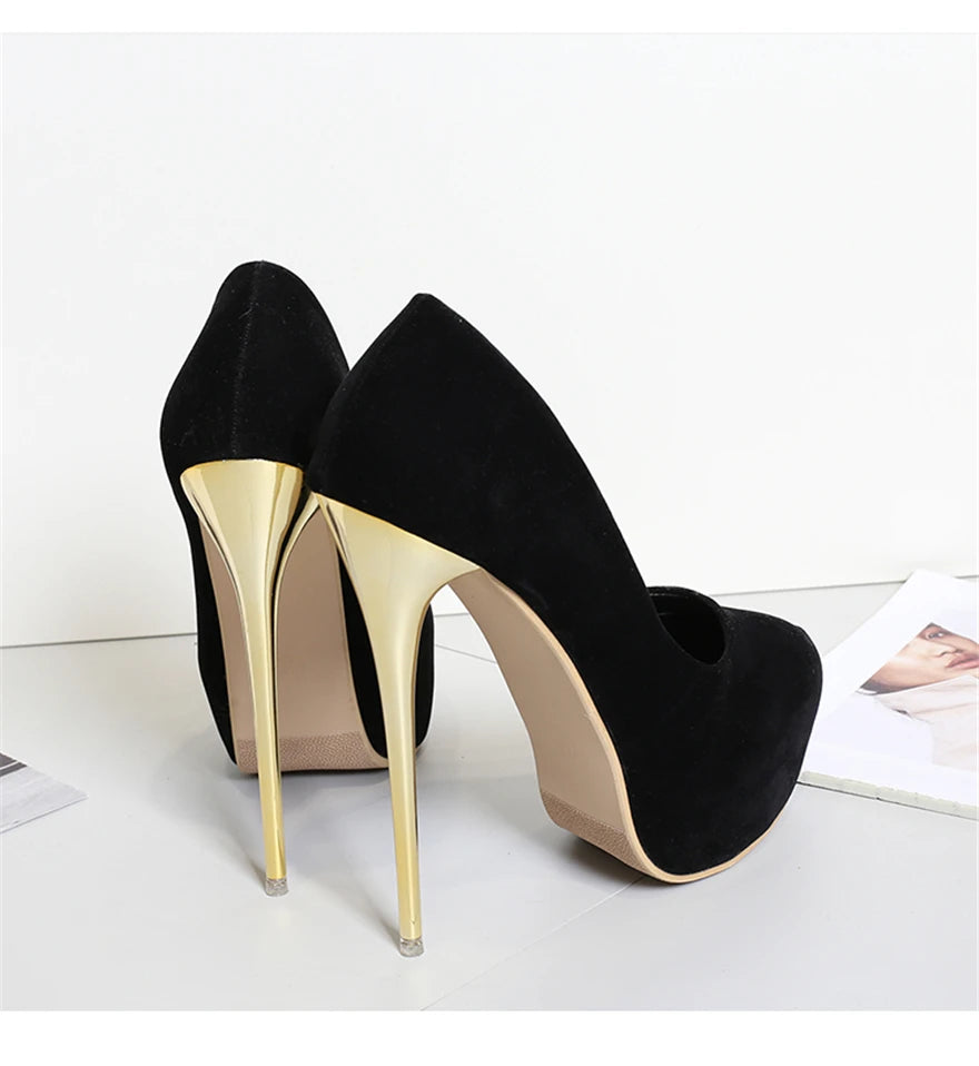 Women Red Wedding Shoes Autumn Fashion Platform Shallow Female Pumps Soft Flock Round Toe Super High Heels Party Shoe Size 41-47
