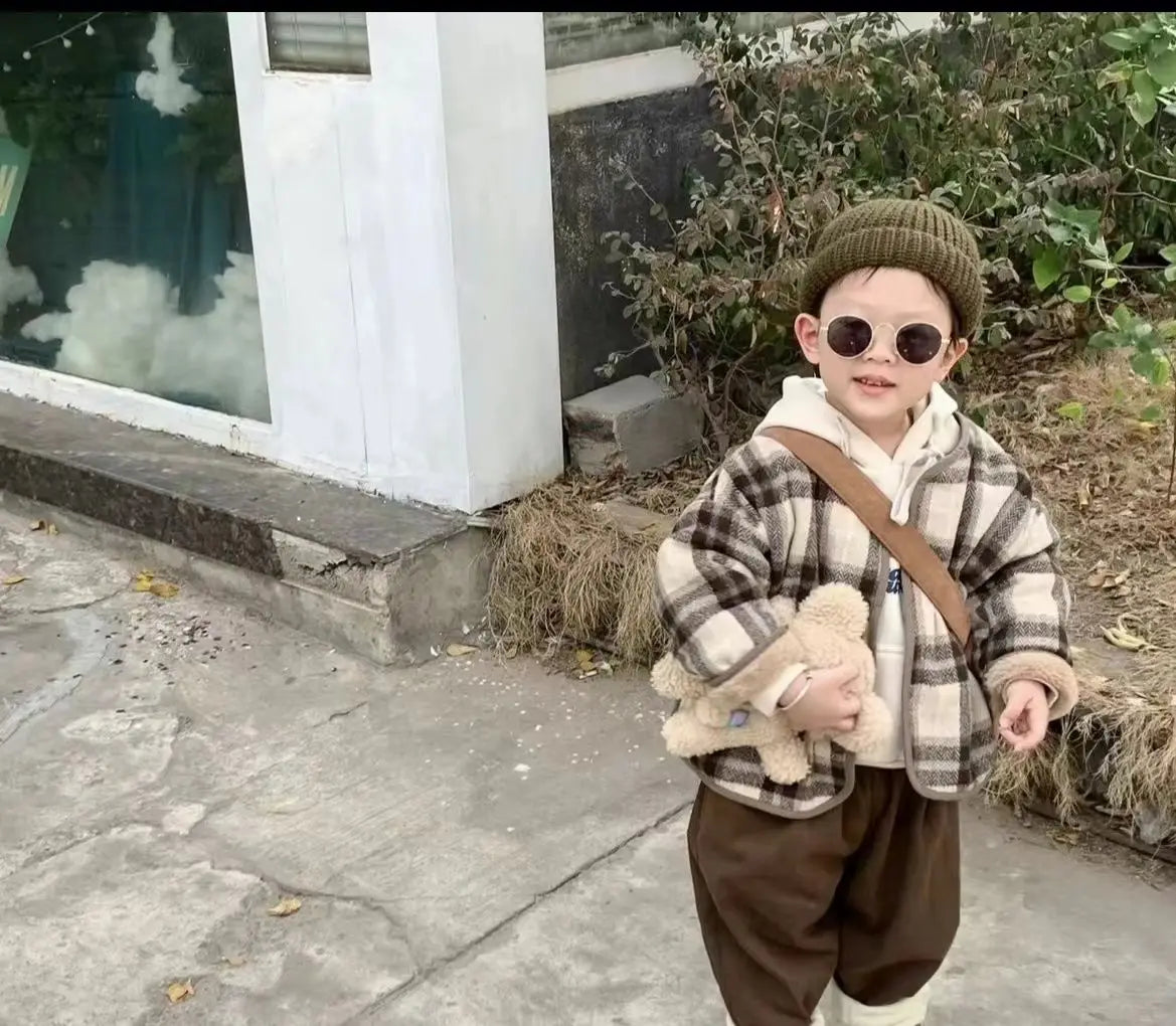 Winter Plush Kids Jackets Kids Outdoor Thicken Warm Coats Woolen Fashion Plaid Children's Velvet Jacket Boys Girls Cotton Jacket