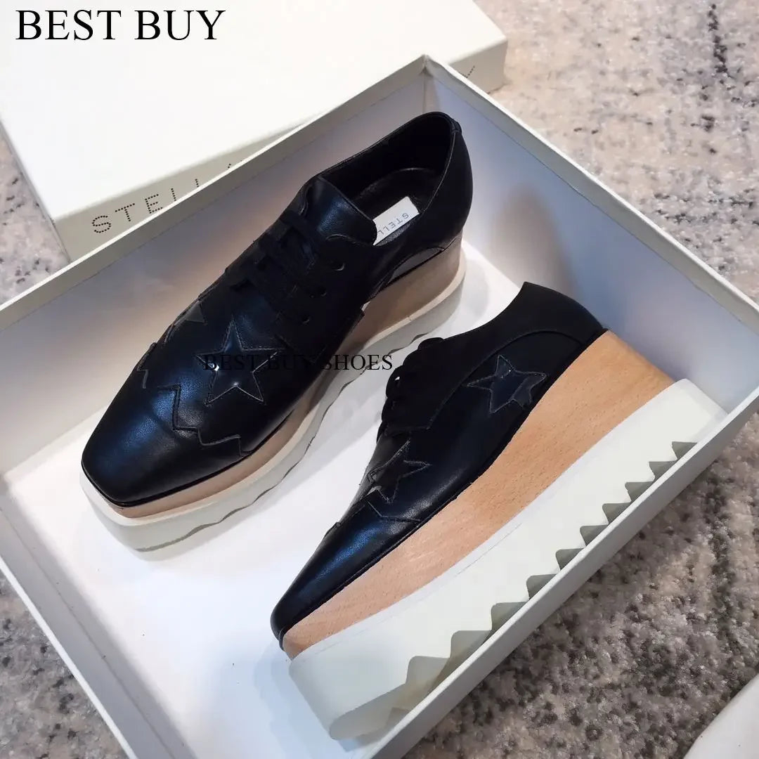 Women Fashion patent Stars high Loafers Shoes Lady Square Toe lace-up Thick Bottom Platform Wedge Shoes For Women sneakers