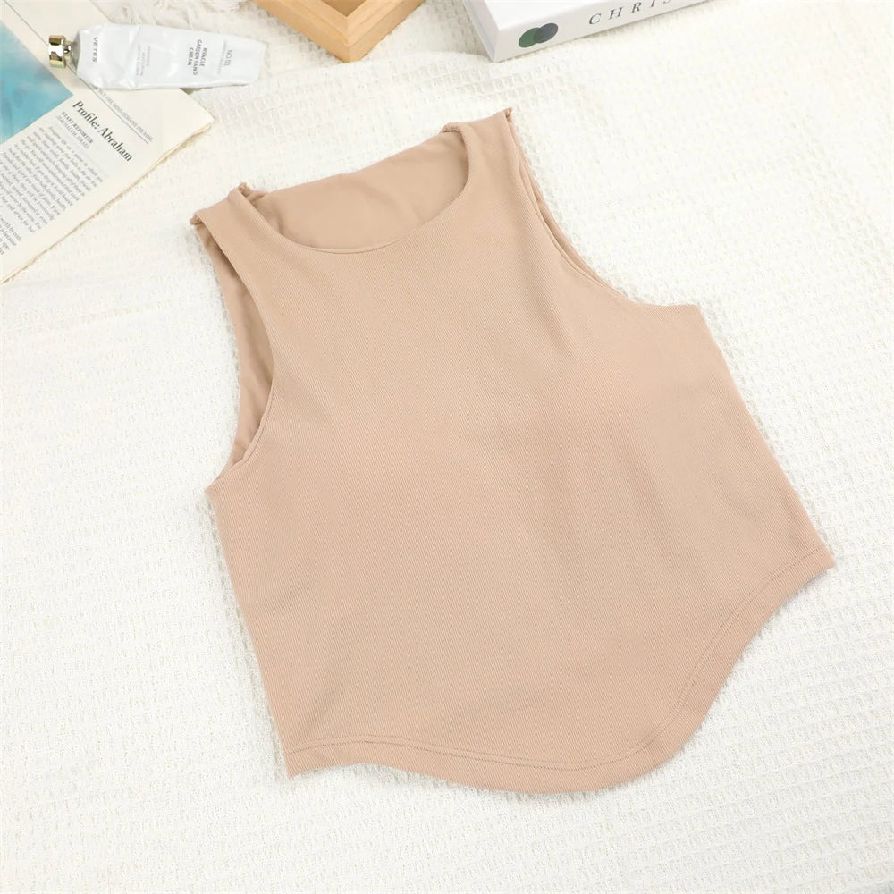 Summer Women Tank Tops Solid Color Camisole with padded Bra sexy Off Shoulder O Neck Elastic Tank Top Casual Sport Vest