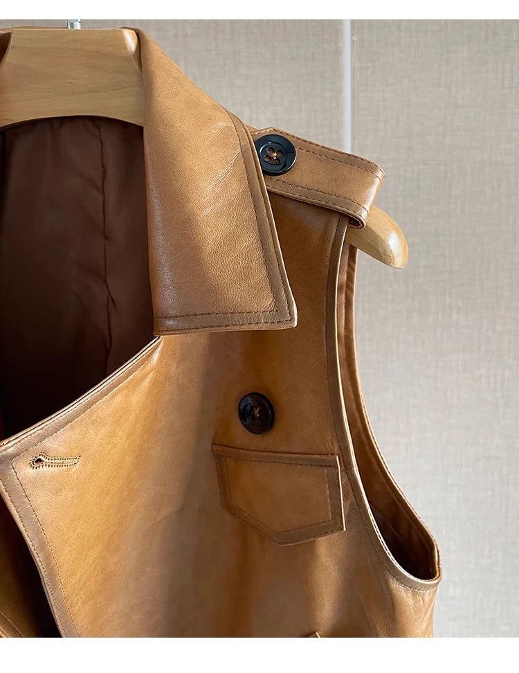Women's Genuine Leather Vest Sheepskin Short Design Suit Collar Spring Autumn Fashion Outerwear