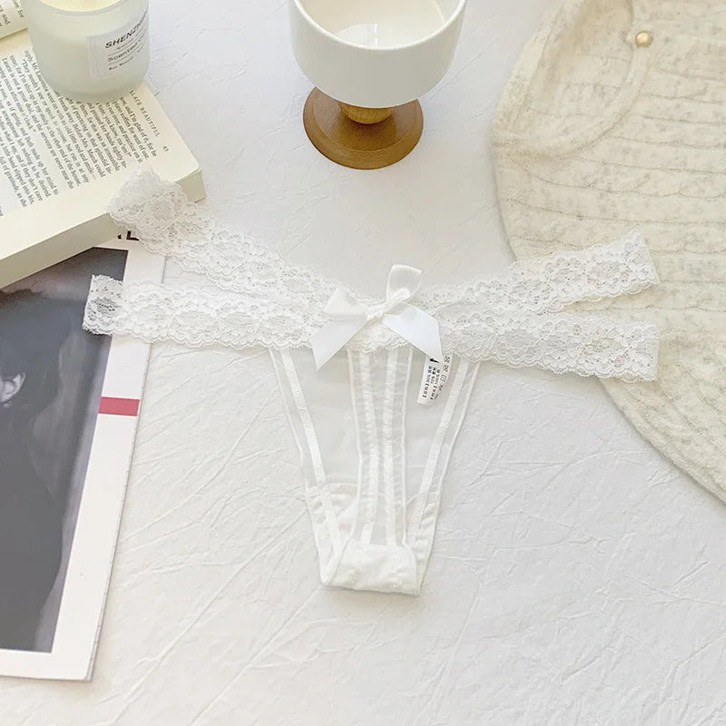 Thongs Woman Sexy Female Lingerie Women's Panties Women's Lace Thong Low Waist G-String Mesh Bow Detail Breathable Ladies Briefs