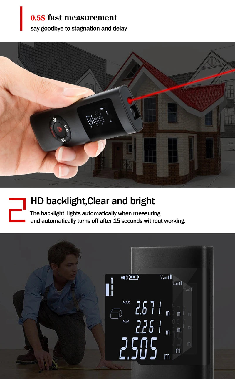40M/60M Mini Smart Laser Distance Meter Measure Infrared Rangefinder USB Rechargeable Portable Handheld Laser Range Finder Tools