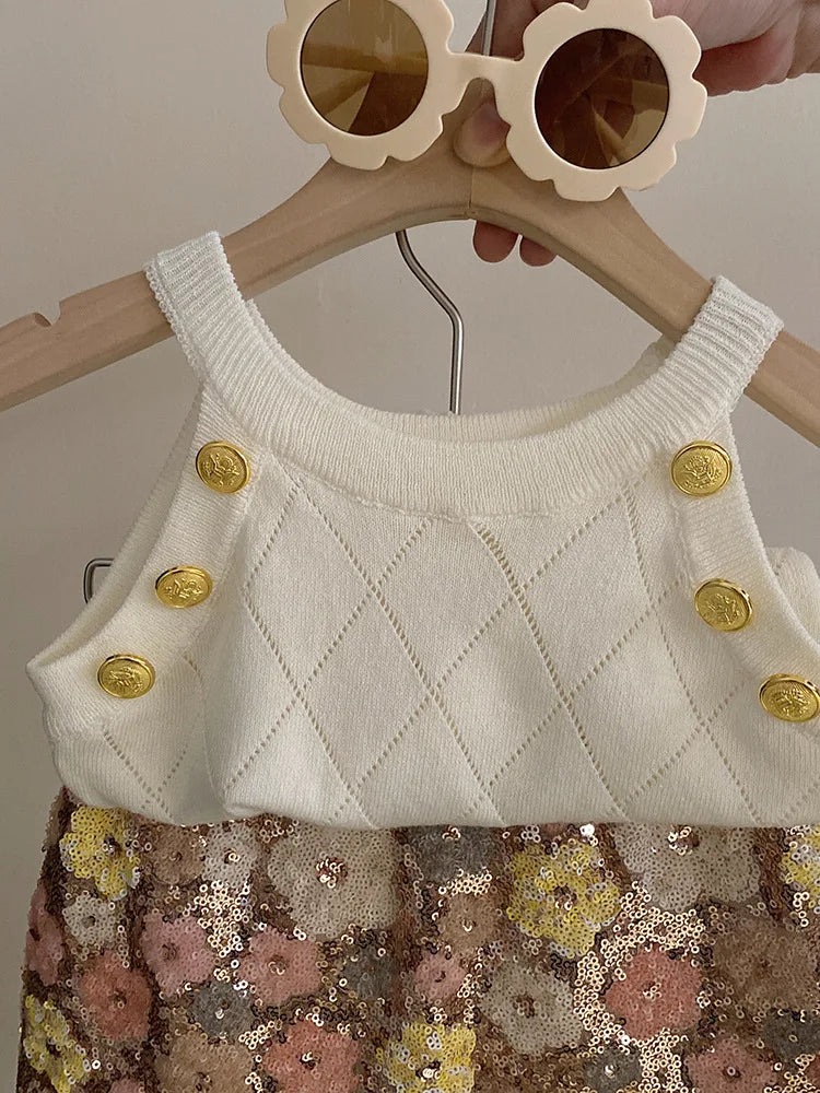 Summer Set Top 2024 New Girls Design Tank Top Flower Short Skirt Set Baby Girl Sweet Cute Temperament Clothes