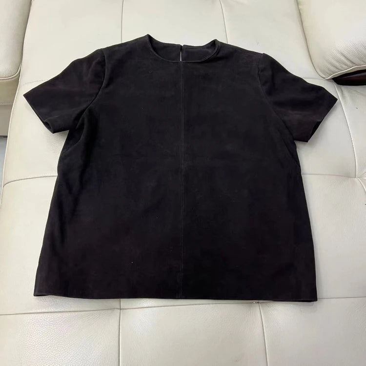 Genuine Leather Tops for Women 2025 Spring/Summer Short Straight Sleeve Round Neck Pullover Shirts & Blouses Thin Suede Blusas
