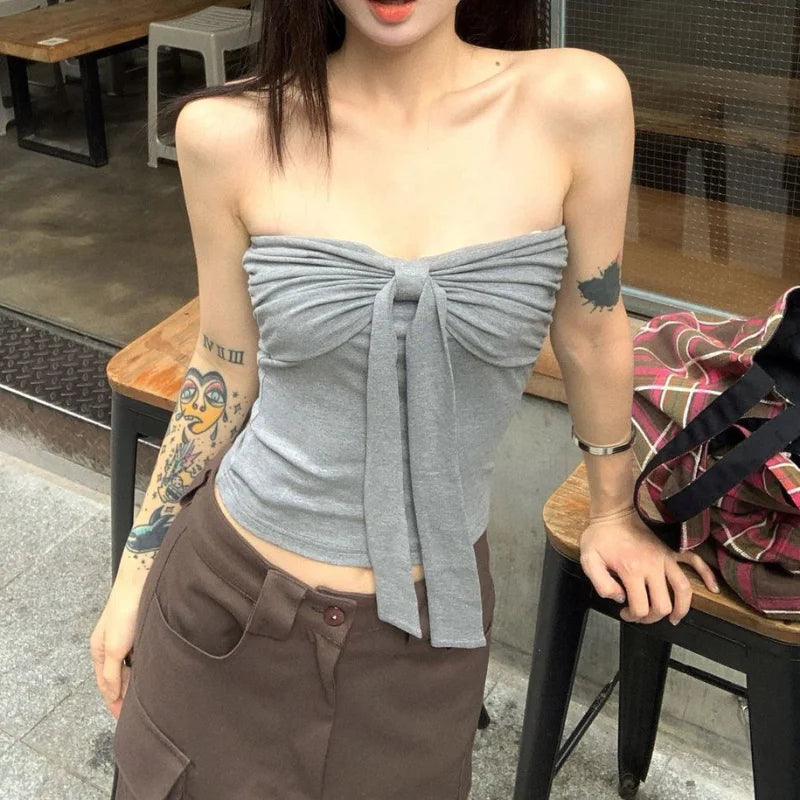 Sleeveless Top For Women Summer Slim Bow Crop Top Sexy Skinny Tube Tops Fashion Clothing Streetwear Girl
