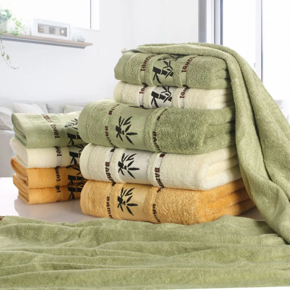 Inyahome Set of 3 Bathroom Cotton Towels Set Embroidered Luxury 2 Hand Towels 35x75cm and Big Bath Towels 70x140cm Washcloth