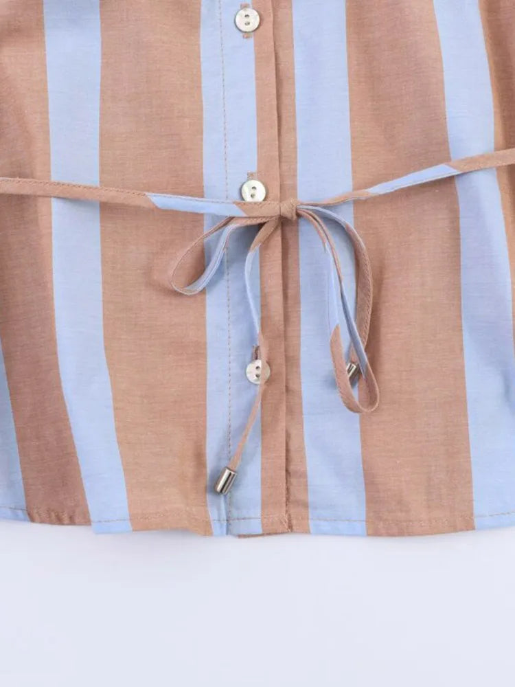 Women Summer Shirts Blouses Tops 2026 Fashion Striped Sahes Bow Turn-Down Collar Female Elegant Street Top Clothing