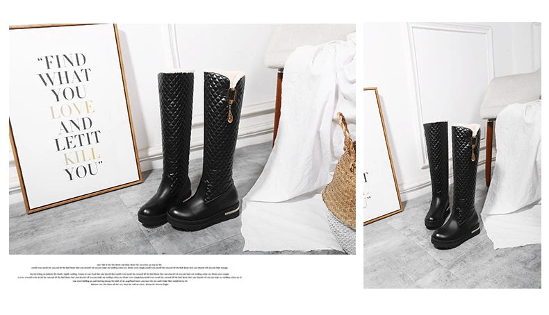 Raised Checkerboard With Metal Square Buckle Warmth Plush Lining Women's Snow Boots Flat Bottoms Elevated Knee Length Boots
