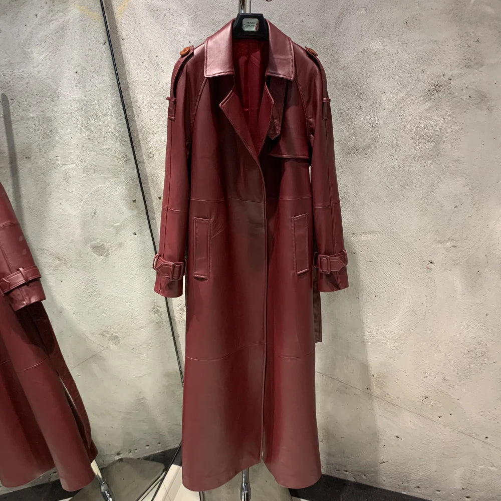 Leather Coat Orange Long Ladies Real Sheepskin Coat Genuine Sheep Leather Windbreak Long 21018