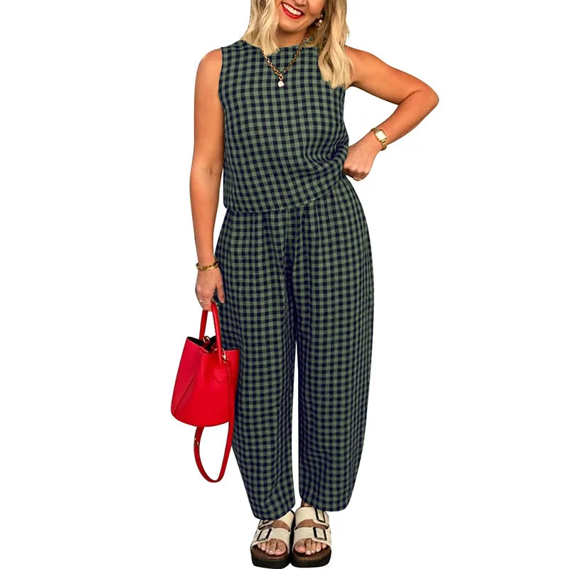 Fashion Women's Pants Set Printed Plaid Sleeveless 2025 Spring Summer Relaxed Vest Nine Point Pants Home Wear Female 2 Piece Set