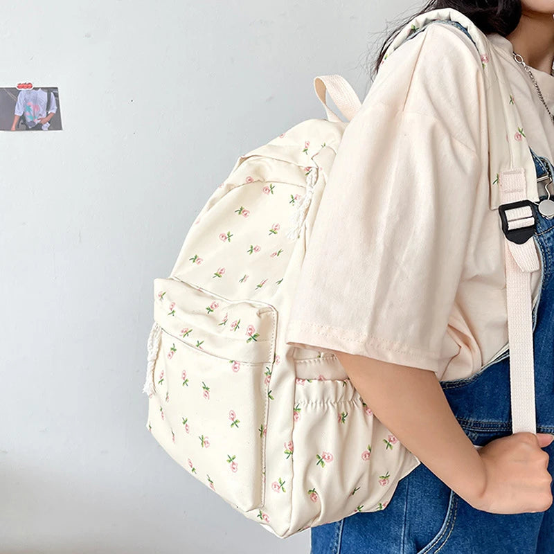 Student School Backpack Floral White School Bags For Teenage Girls Cute Women's Backpack Book Bag Nylon Rucksack