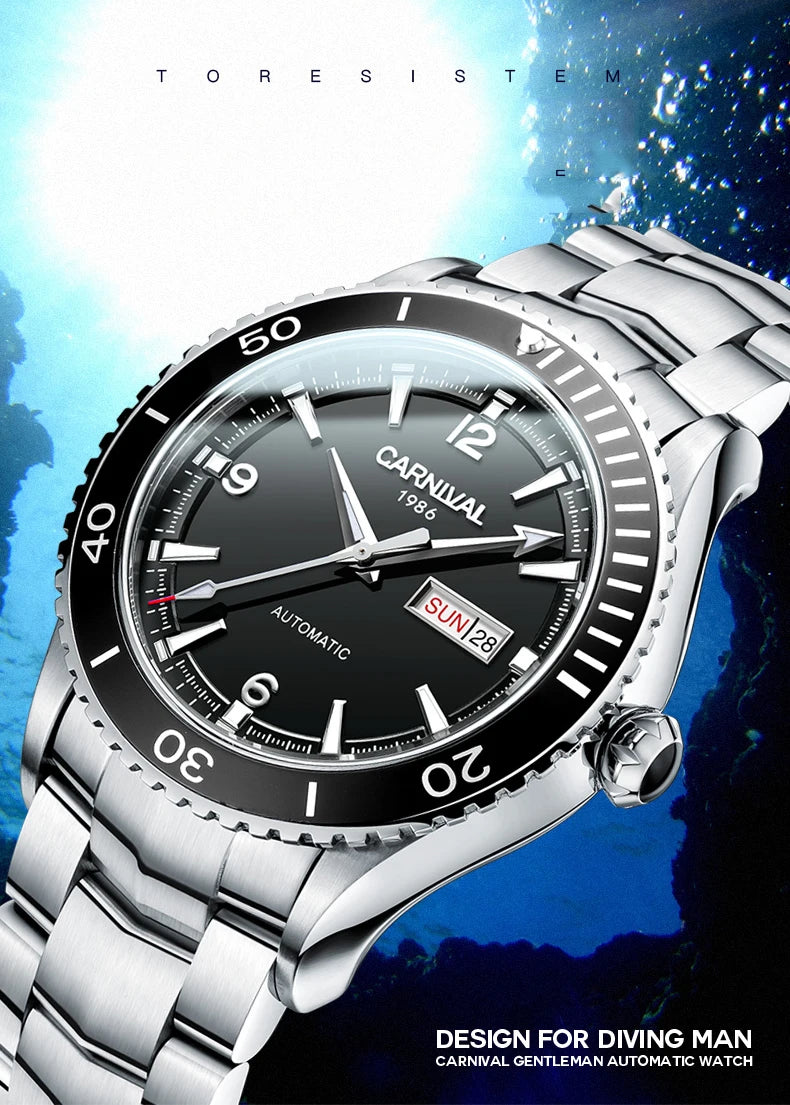 I&W Men Automatic Watch 41mm Mechanical Wristwatch 50M Waterproof Luminous Sapphire Mirror Dual Calendar Week Date
