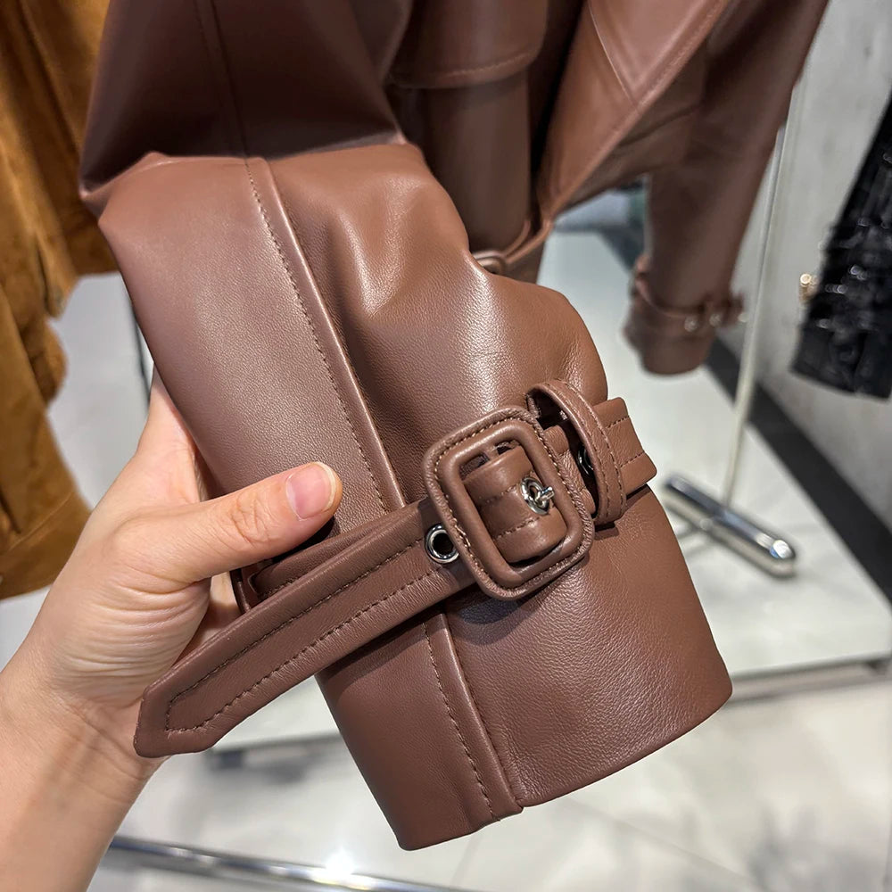 YOLOAgain Wide Shoulder Real Leather Jacket Women Oversized Genuine Leather Cropped Jacket