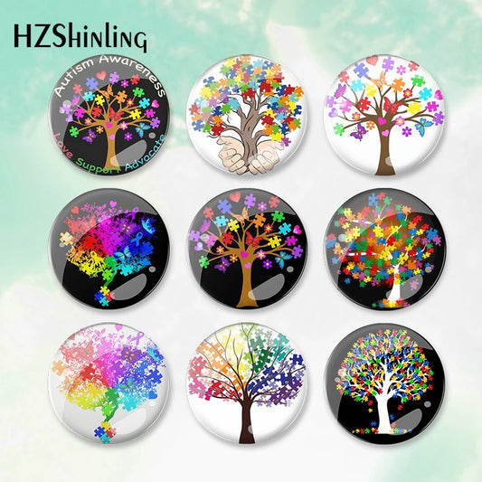 2023 New Autism Awareness Tree Love Support Pattern round Button Badge Brooch For Clothes Backpack Decoration Pin Jewelry