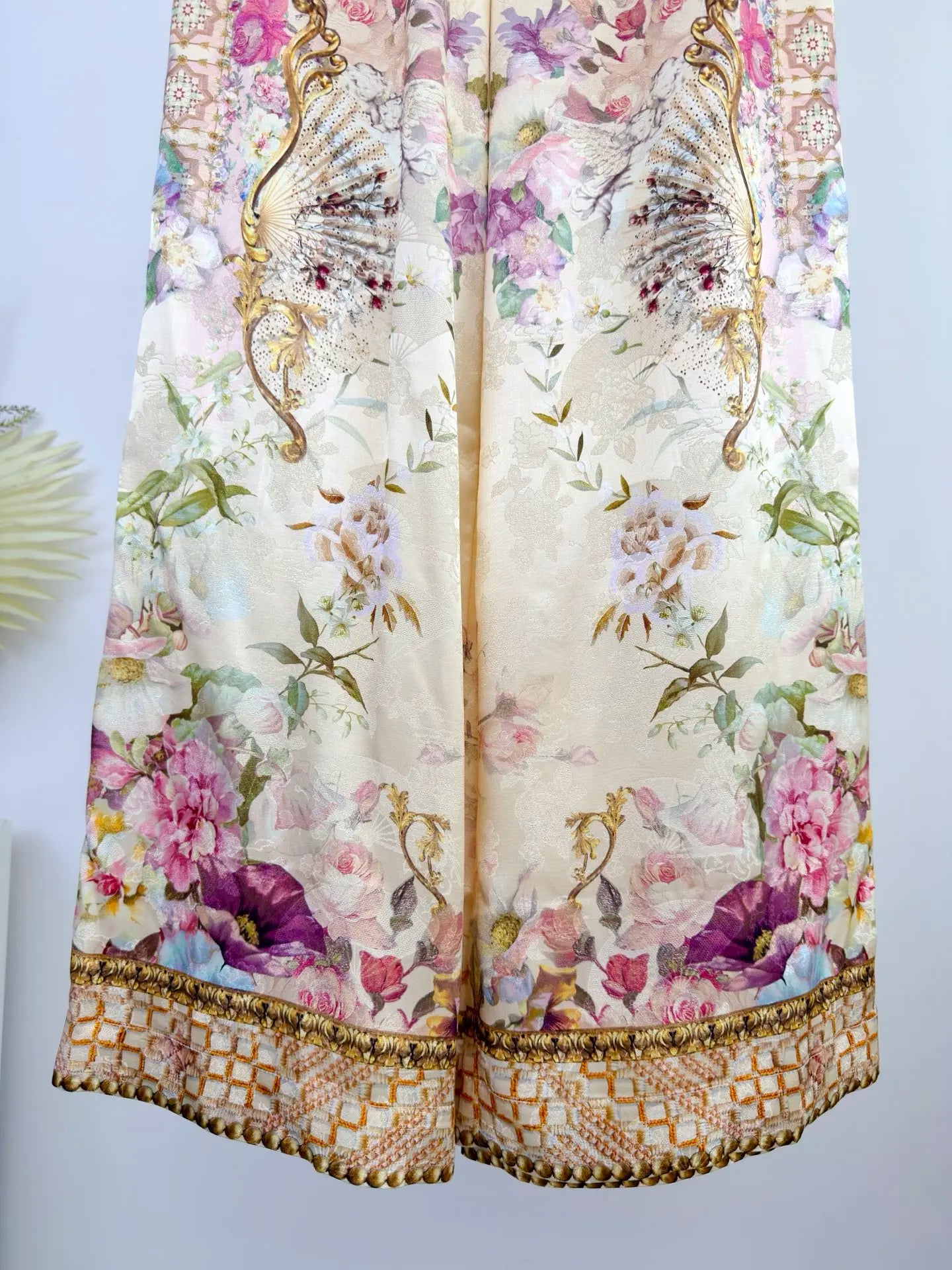 Women Silk Flower Printed Long Dress Heavy Beaded V-Neck Lantern Sleeve Loose Female dress