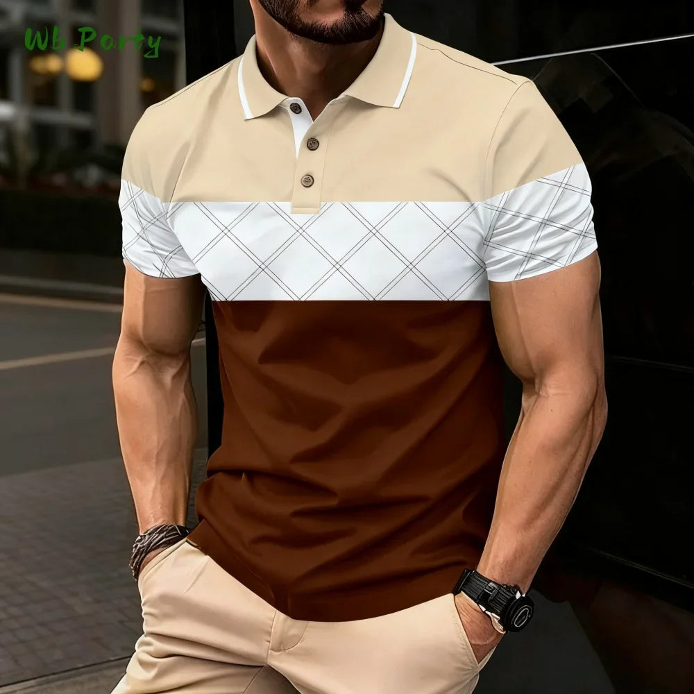 Summer men's polo men's casual short-sleeved polo shirt with striped color block design, sporty polo style collar polo shirt for