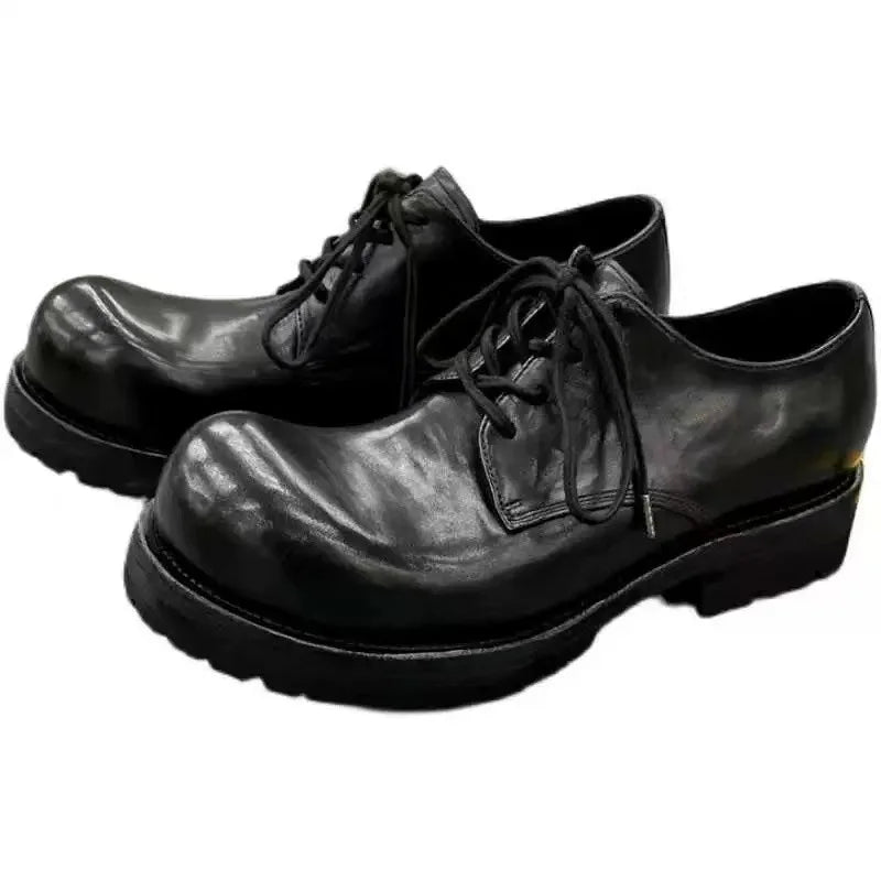 2025 New Men's Thick-soled Heightening Black Lace-up Round Head Horse Leather Made Old Derby Shoes