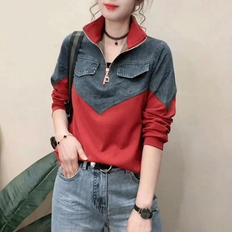 Women's Spring New Casual Half Zipper Denim Splicing Korean Version Loose Everything Shirt Contrast Color Stand Collar T-Shirts